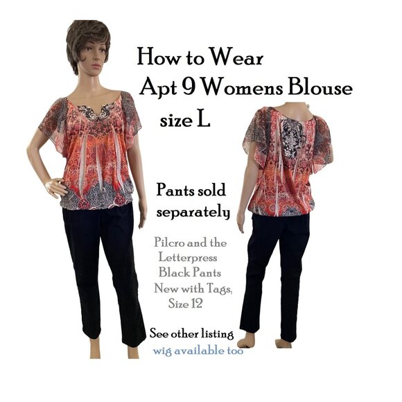 Apt 9 Womens Blouse Top with Flutter Short Sleeves Sz L Paisley Floral Pattern - Picture 4 of 11